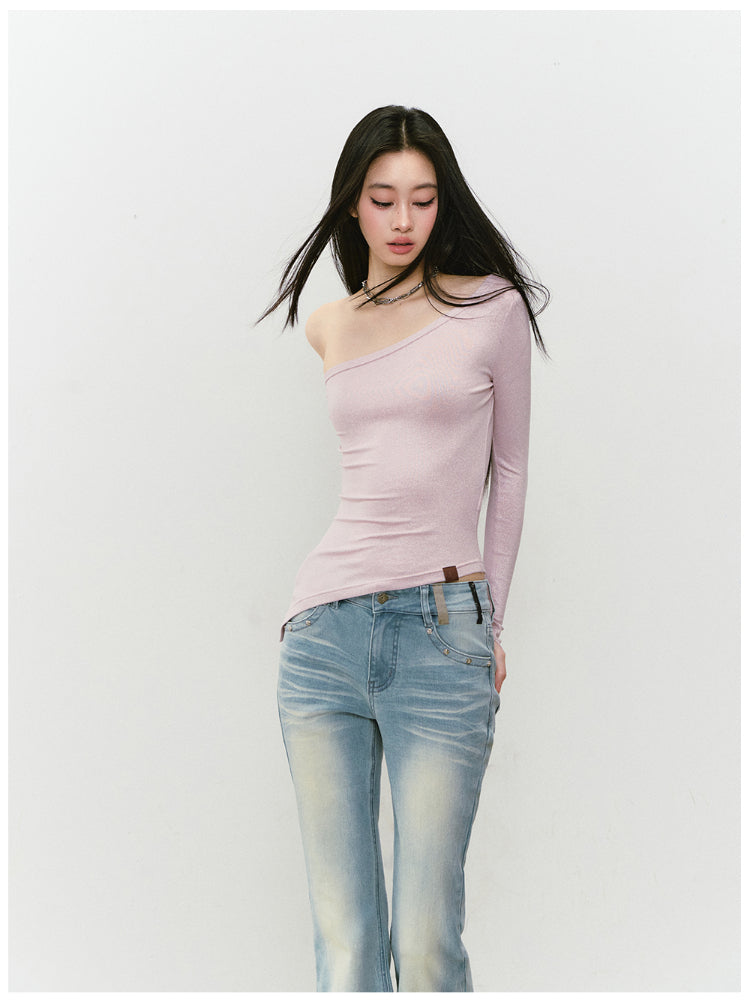 Shimmer Asymmetric Shoulder Irregular T-shirt