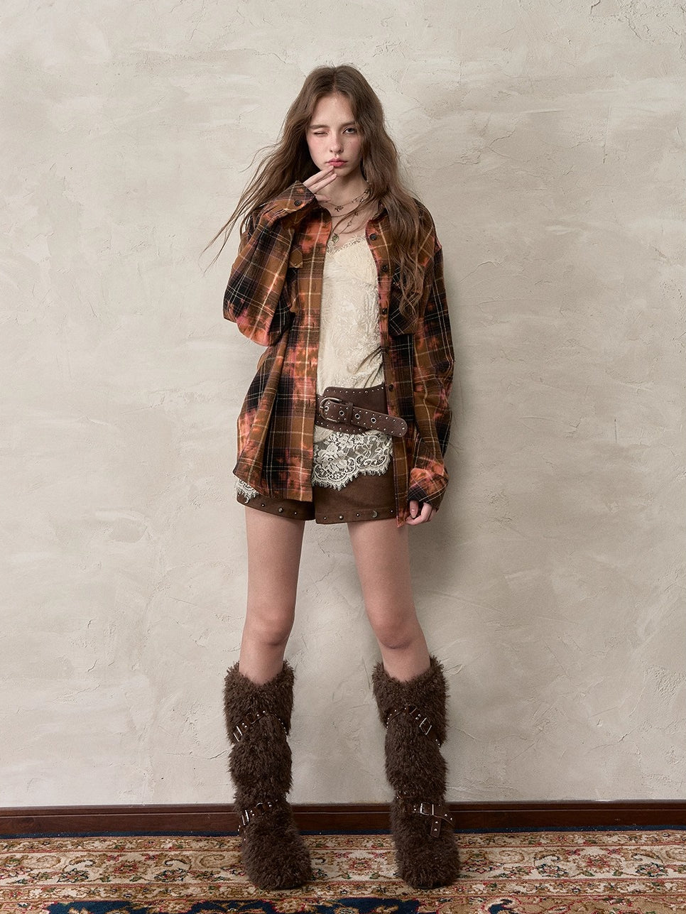 Oversized Plaid Studded Shirt