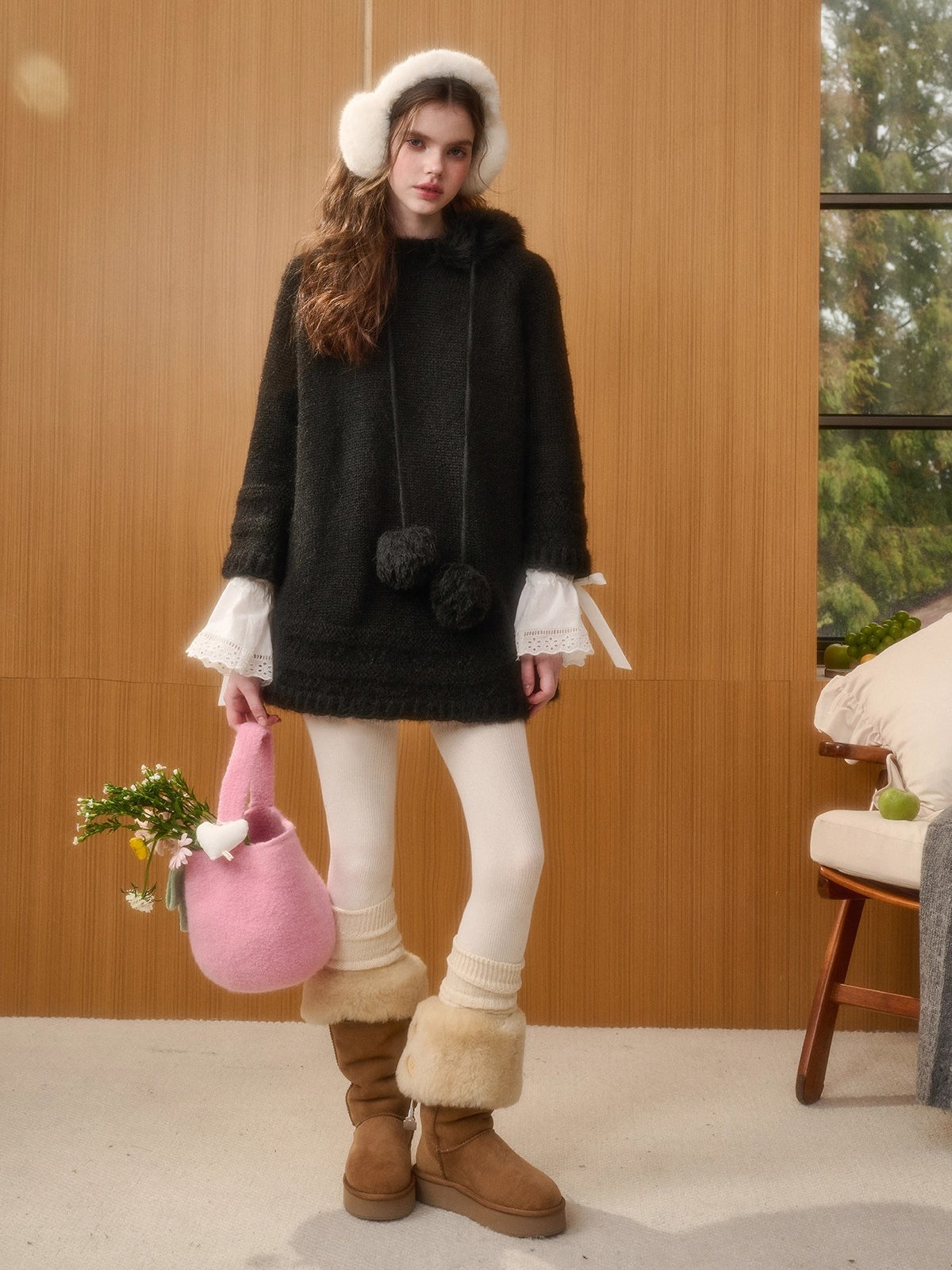 Hooded Faux-Fur Knit Cape Dress
