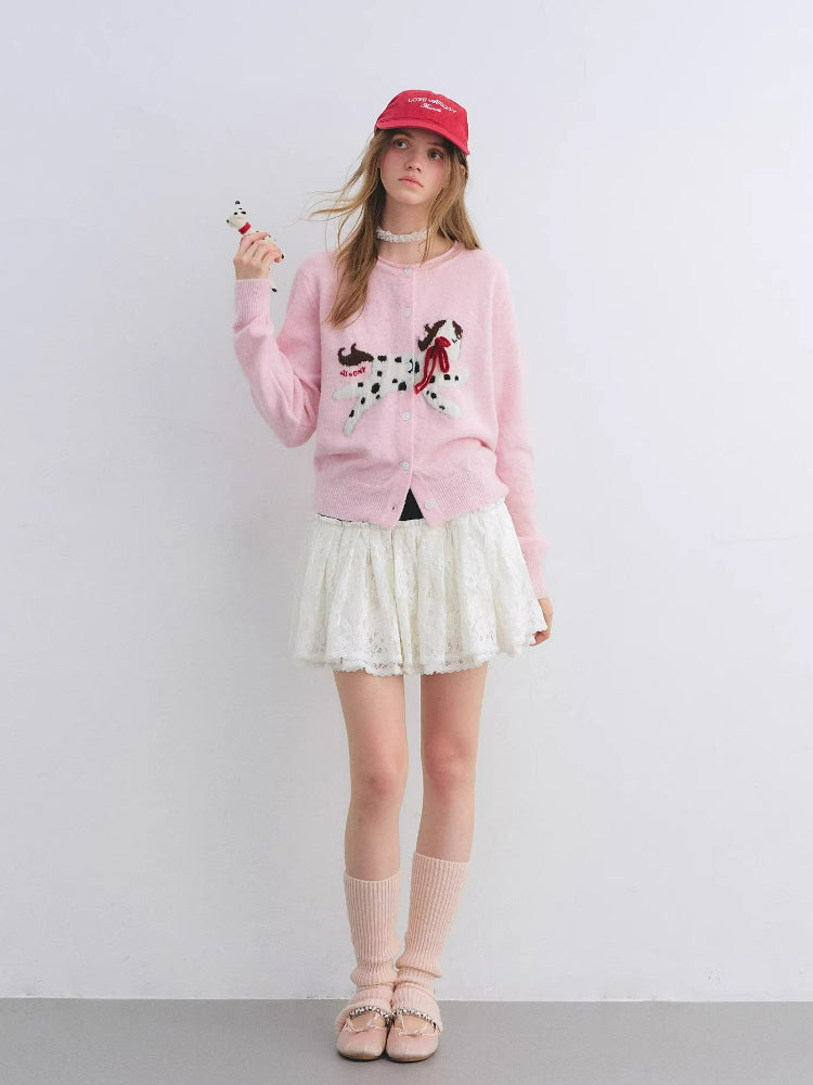Pony Jacquard Bow Crewneck Knit Cardigan