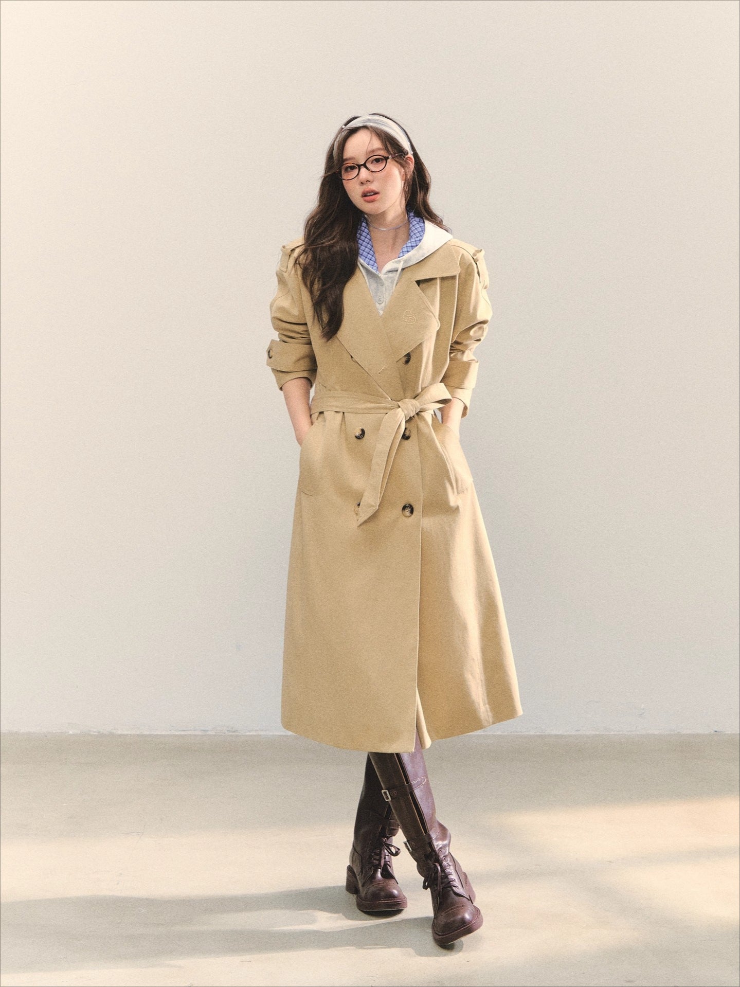 Khaki Embroidered Collar Khaki Long Trench Coat