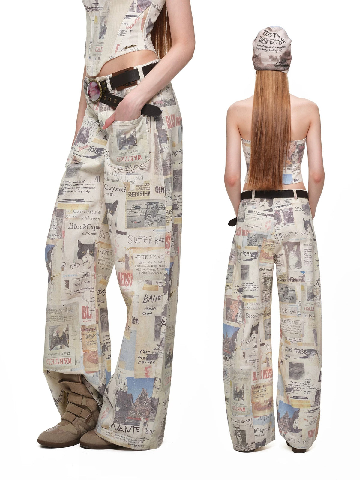 Cat Newspaper Print Canvas Pants