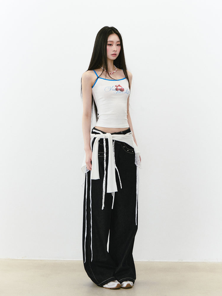 Irregular Waist Original Color Wide-Leg Denim Pants