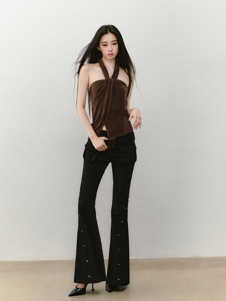 Knitted Halter Neck Slit Tank Top