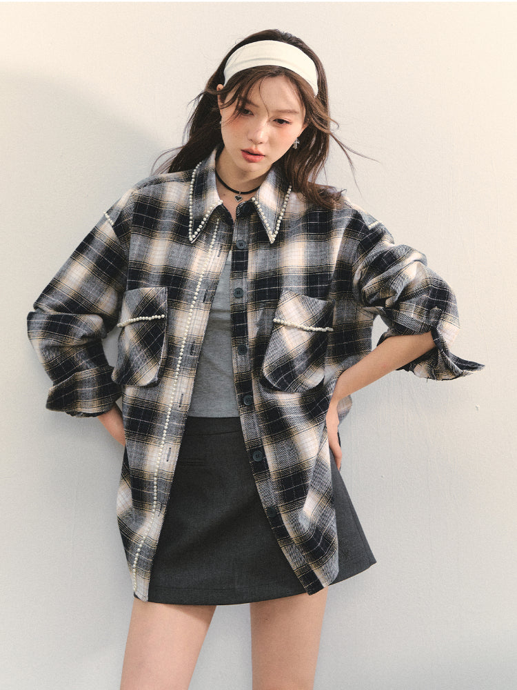 Pearl-Trimmed Polo-Neck Checkered Shirt