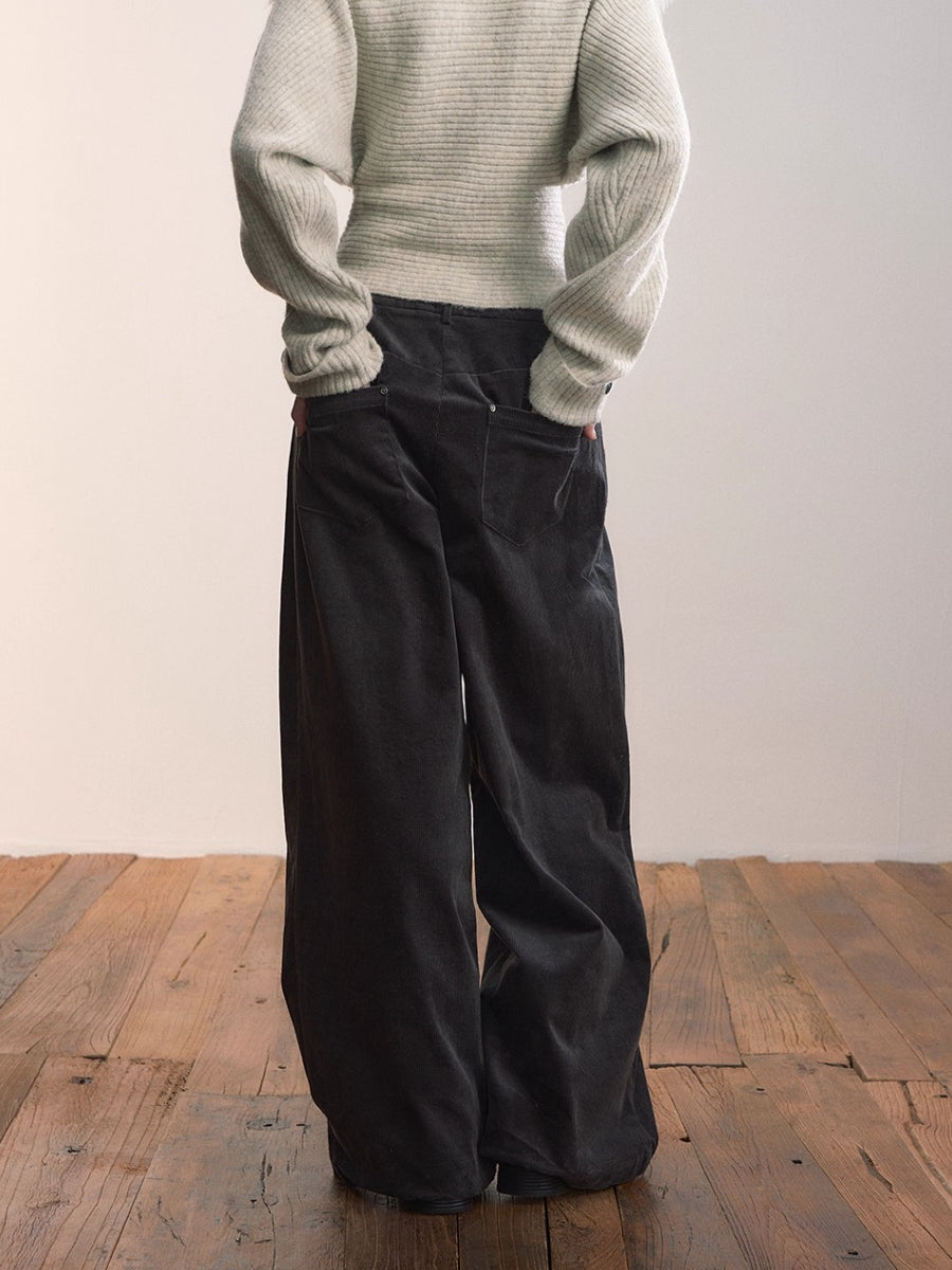 Dark Gray Pleated Corduroy Retro Casual Trousers