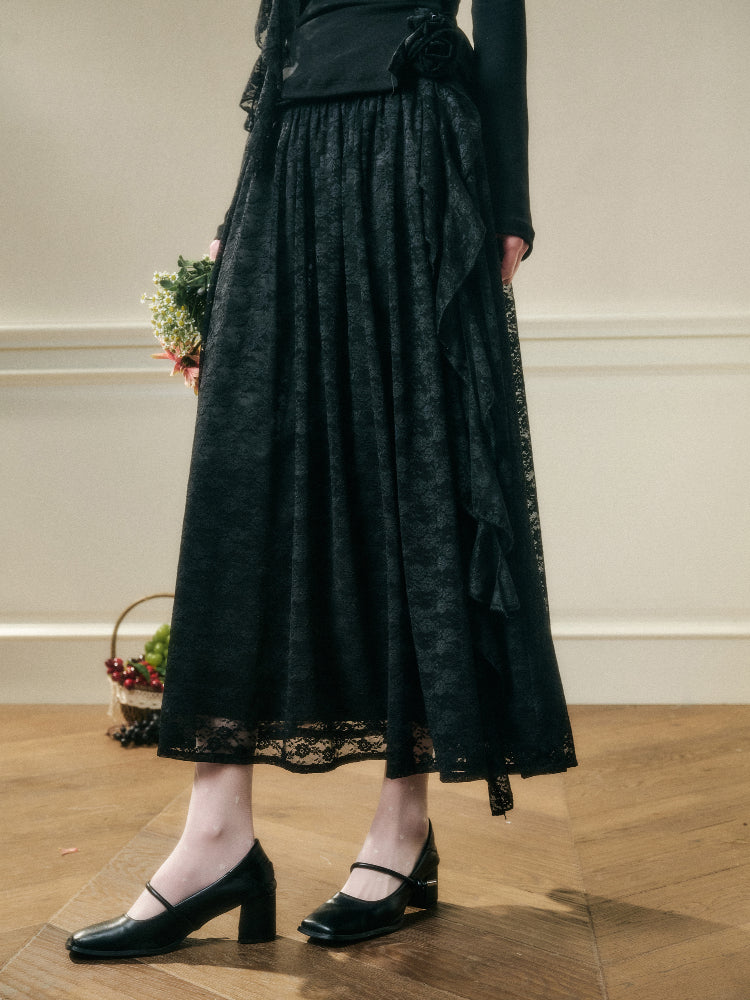 Lace Floral Asymmetrical Off-Shoulder Top & Skirt Set