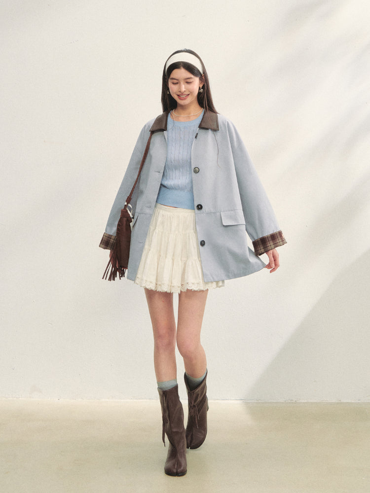 Plaid Patchwork Color-Block Trench Coat