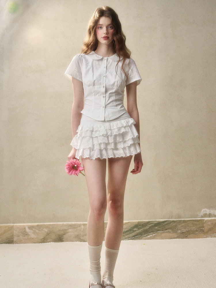 Embroidered Lace Waist Shirt & Skirt Set