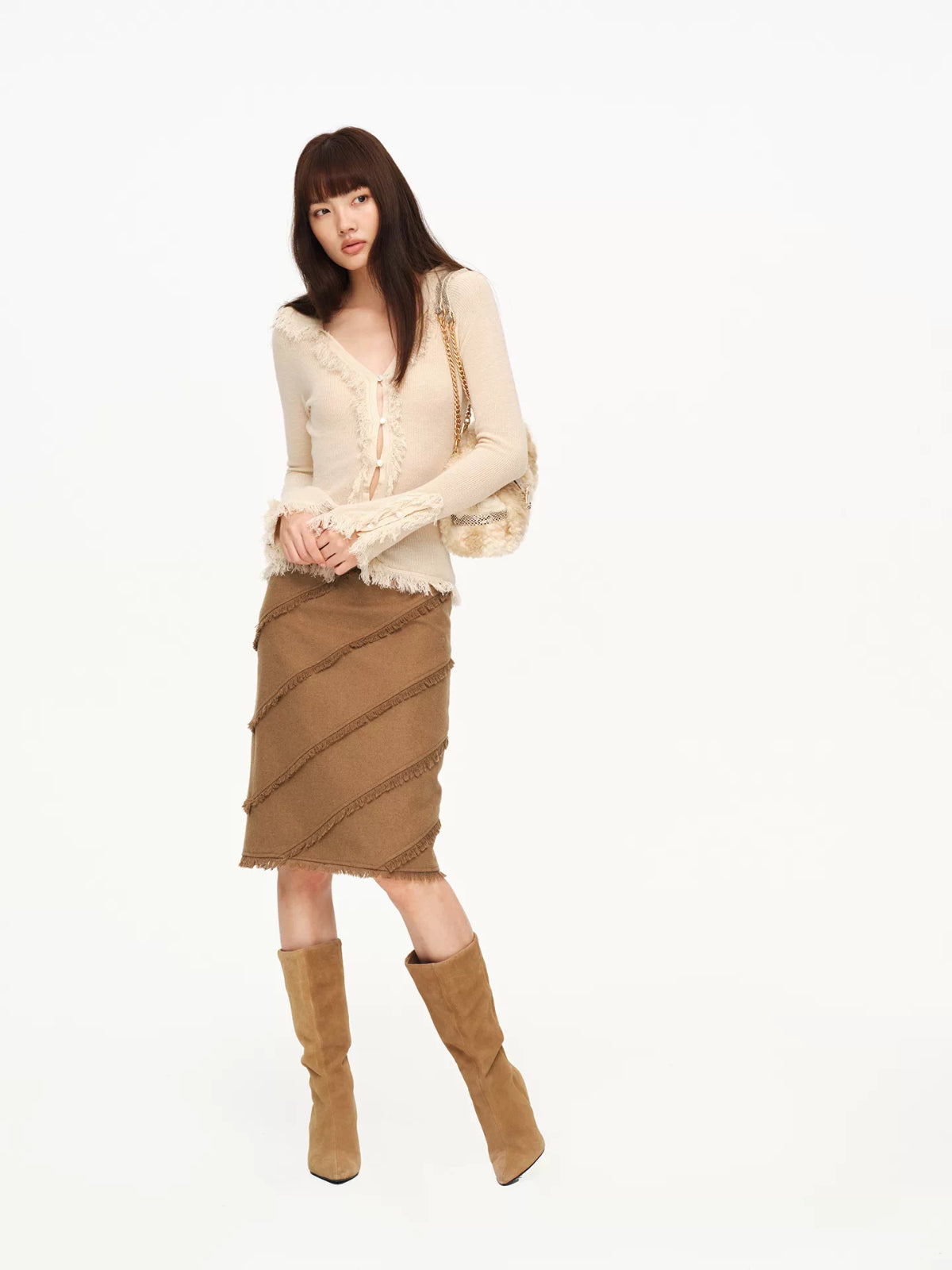 Fringed Collar Fitted Knit Cardigan
