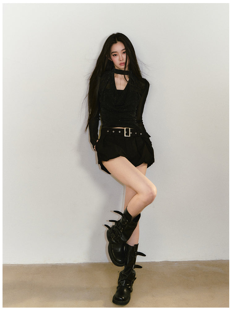 Chain Halter Draped Neck Fitted T-shirt