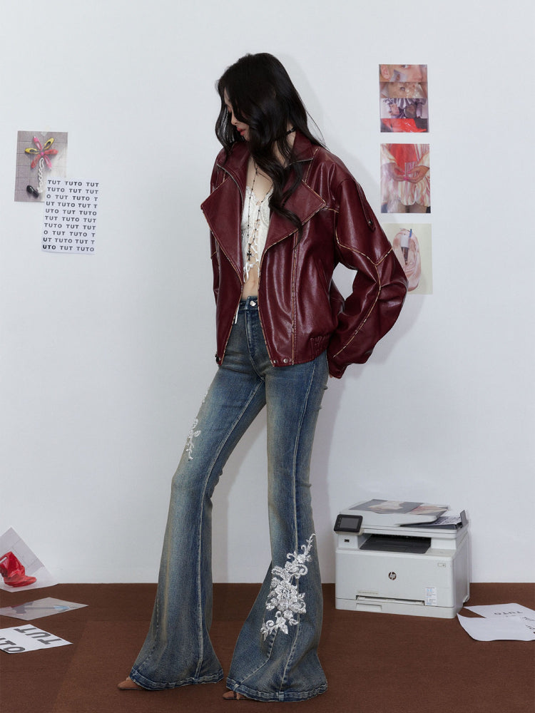 Striped Collar Biker Leather Jacket