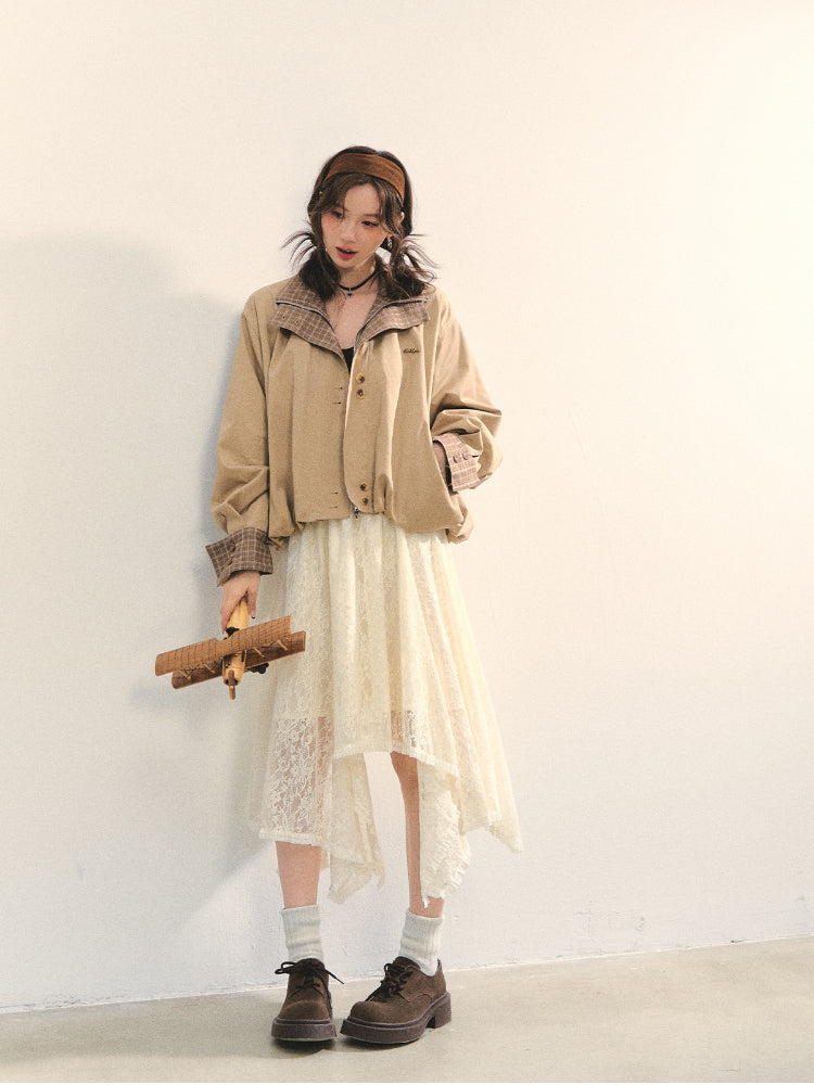 Beige Lace Irregular Hem Midi Skirt