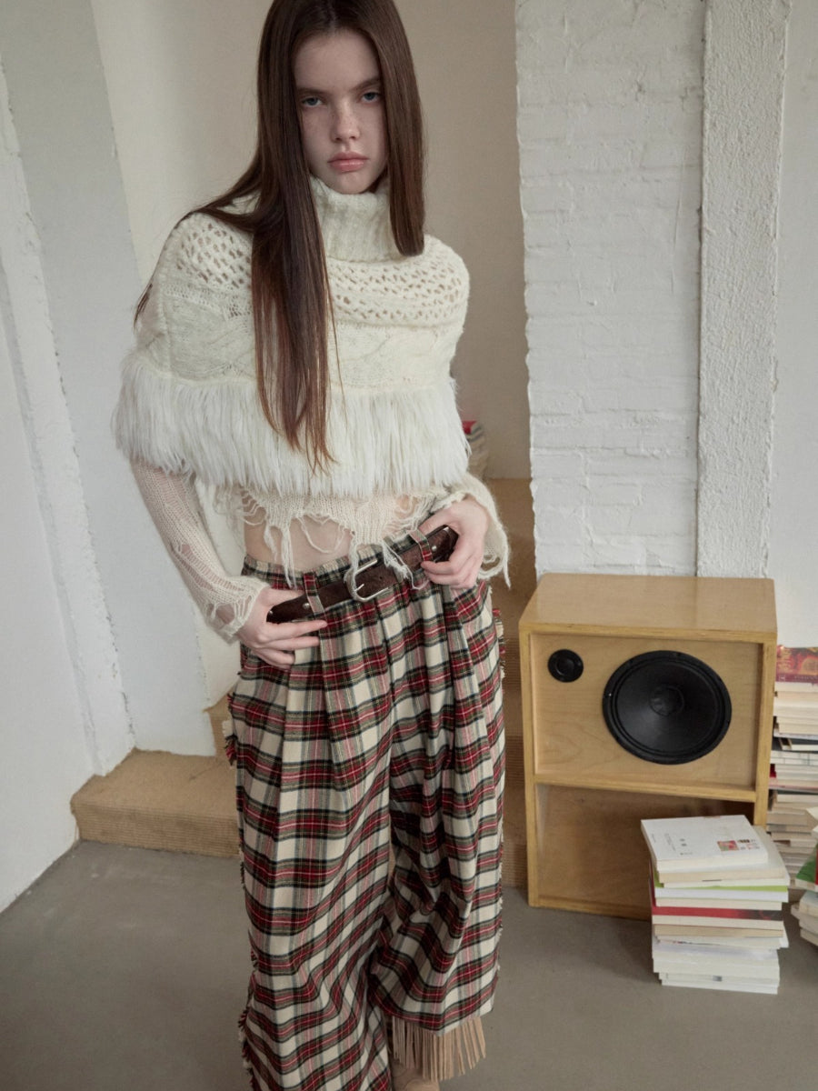 Cable Knit Fringed High-Neck Wool Blend Poncho