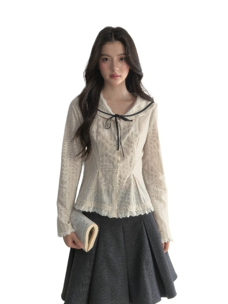 Beige Textured Sailor Collar Shirt & Skirt Set