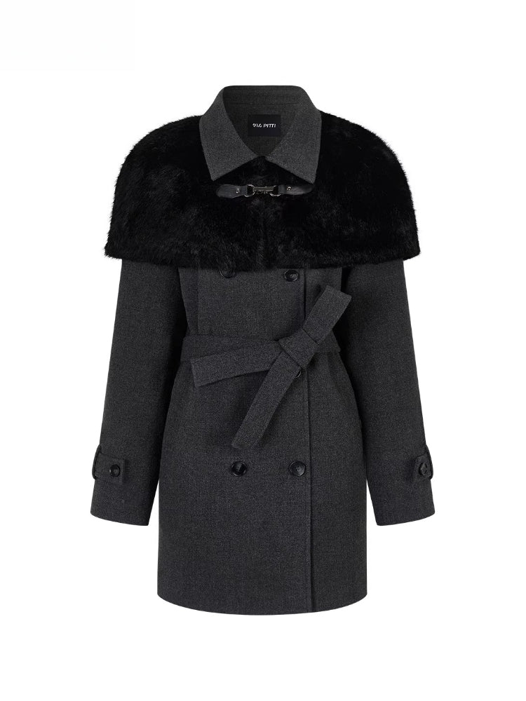 Fur Collar Cape-Style Wool Coat