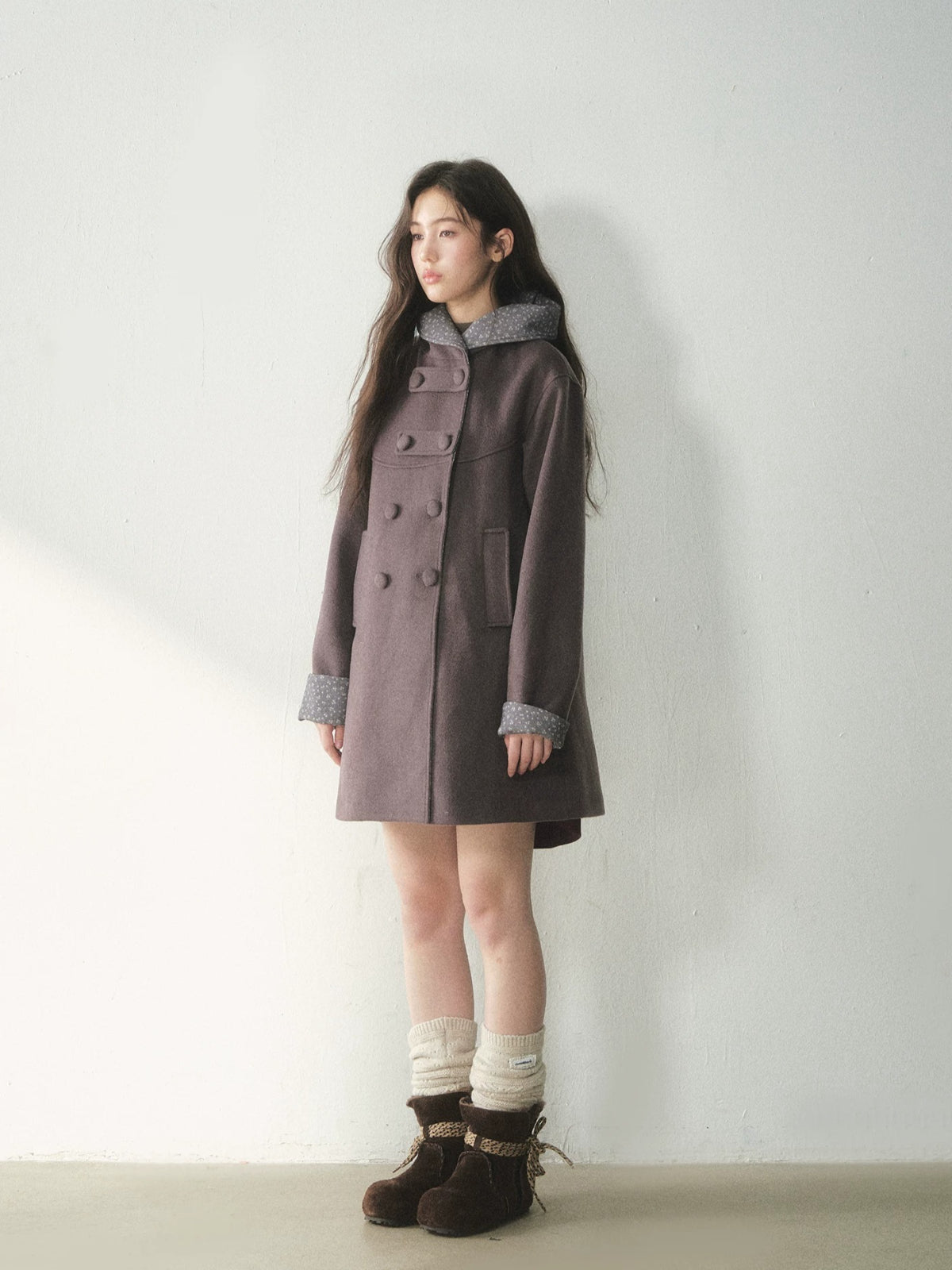 Double-Breasted Floral Hooded Wool Coat