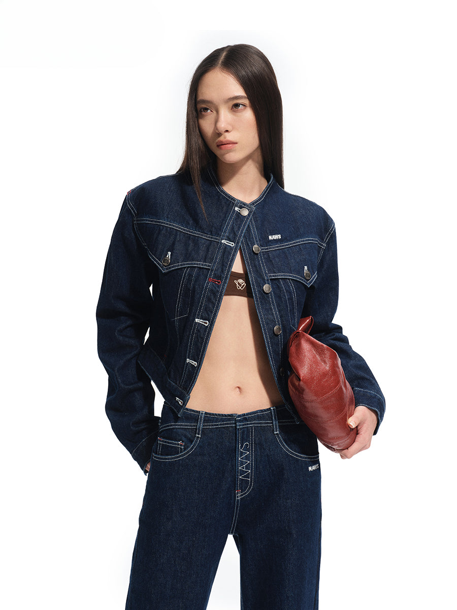 Denim Stand-Collar Regular-Shoulder Short Jacket