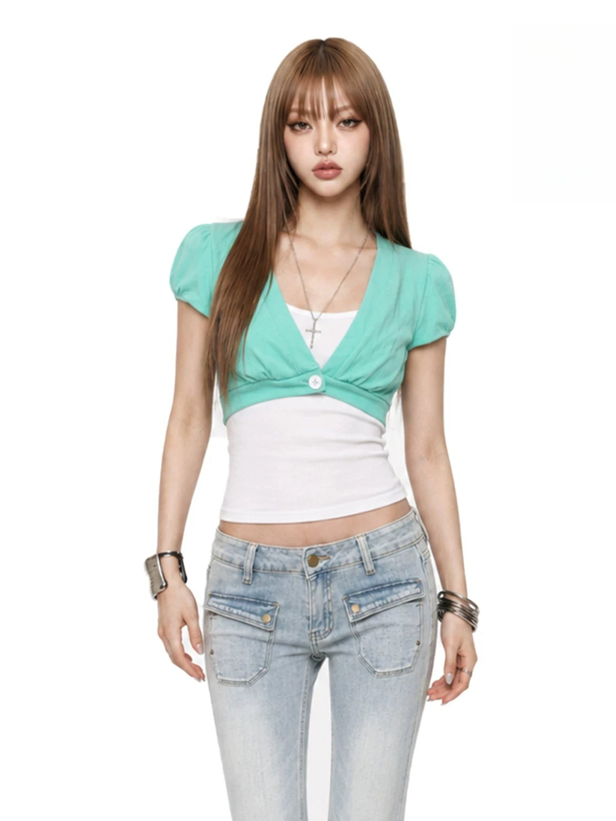 Mint Bubble Sleeve Layered Top Set