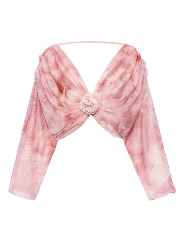 Net Fabric Halter Neck Backless High Slit Floral Print Dress