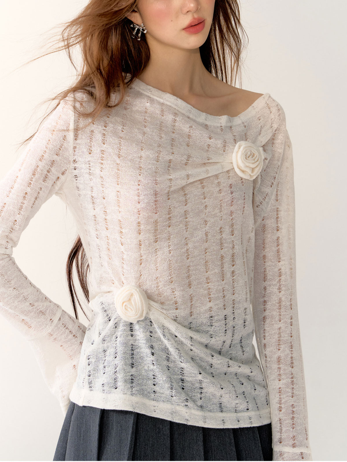 Black & Gray Hollow Knit 3D Floral Blouse