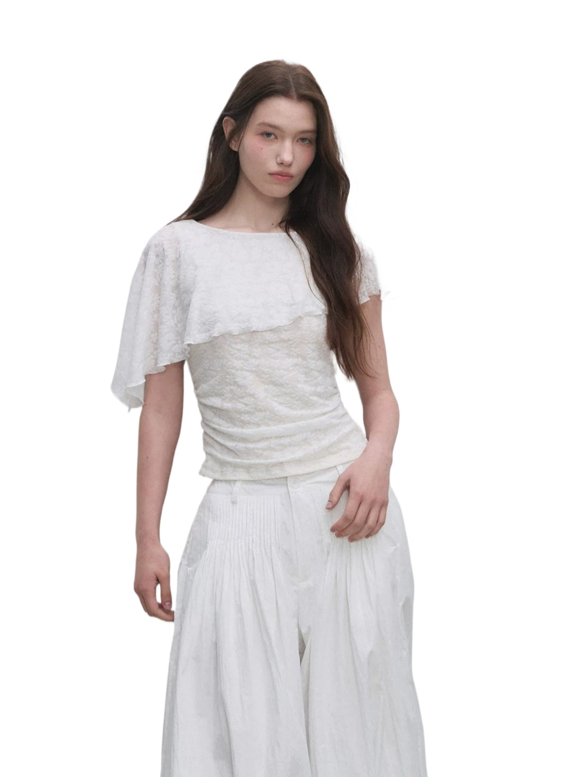 White Jacquard Cape Sleeve Top
