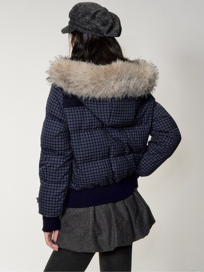 Faux Fur Collar Plaid Down Jacket