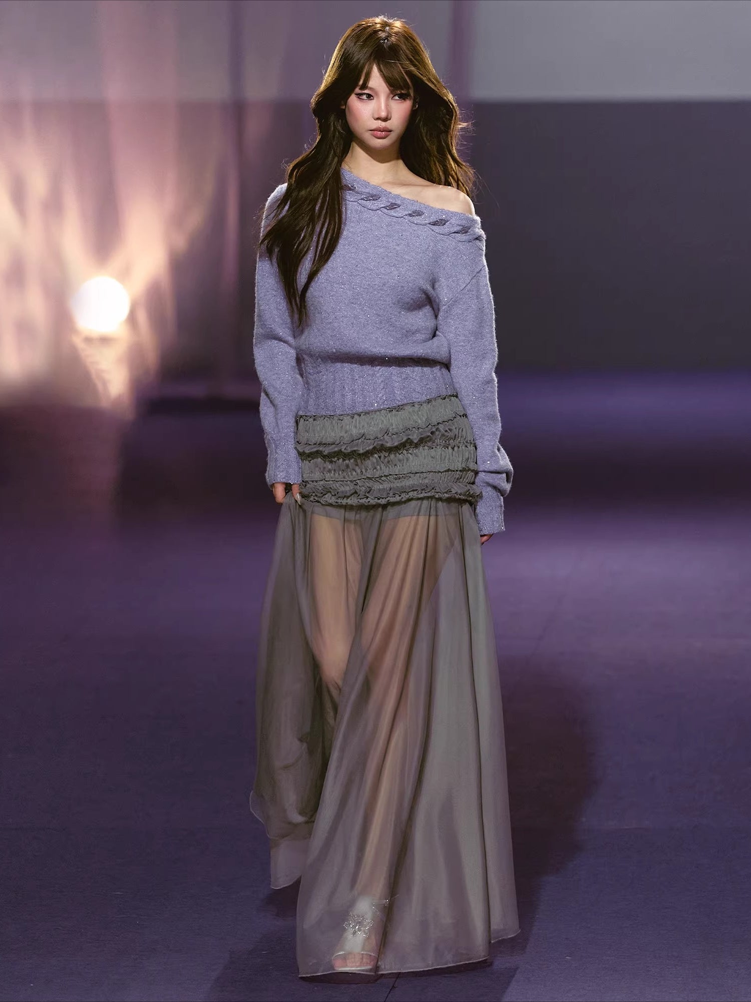 Apricot & Purple Cable Knit Off Shoulder Sweater