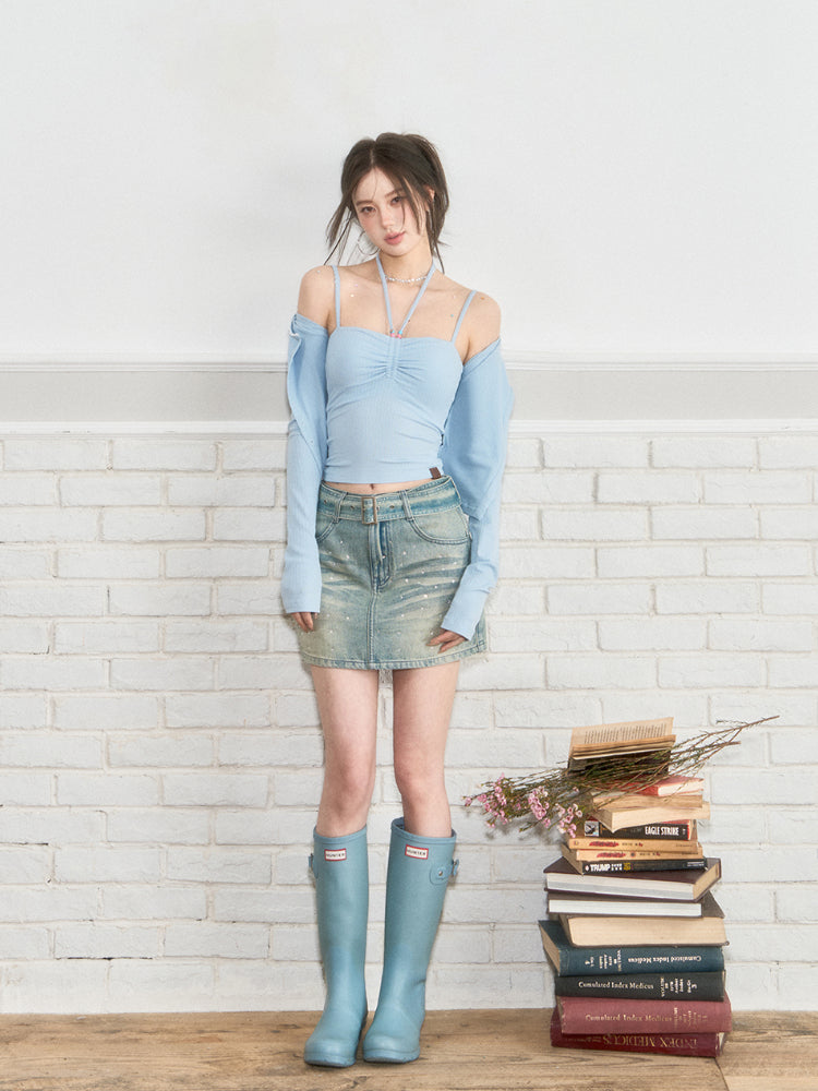 Belted Rhinestone Denim Skirt