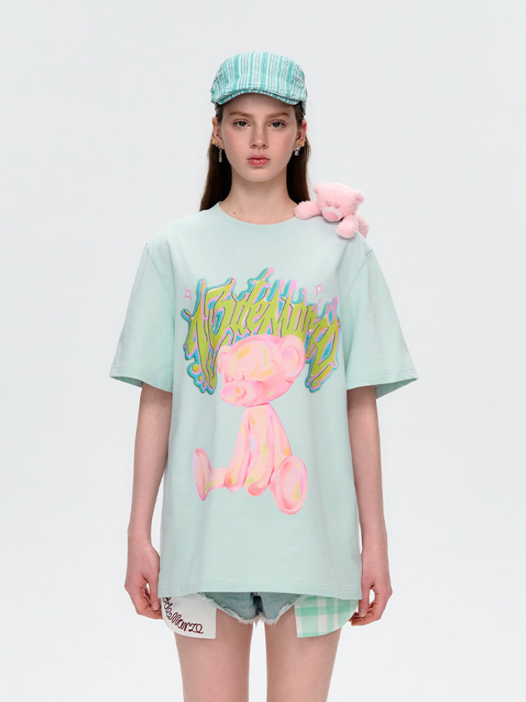 Illustrated Colorful Bear Round-Neck T-Shirt