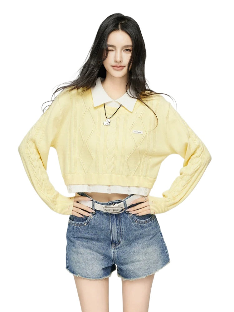 Yellow & Gray 2-in-1 Frayed-edge Sweater