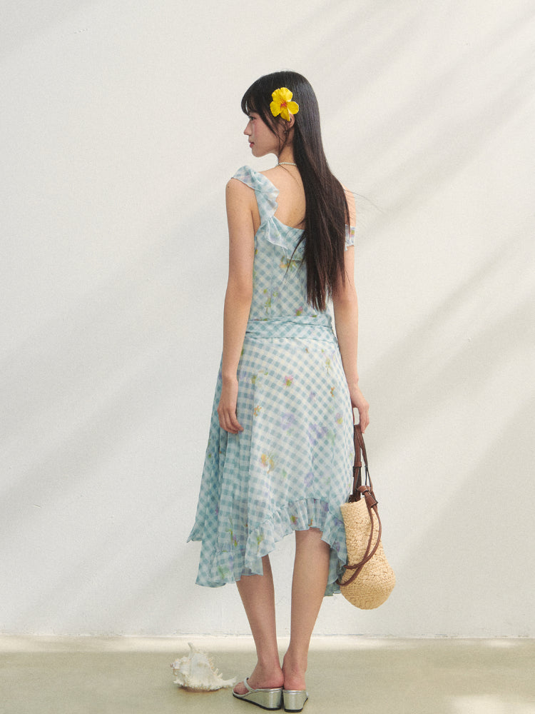 Checkered Print Asymmetrical Slip Dress