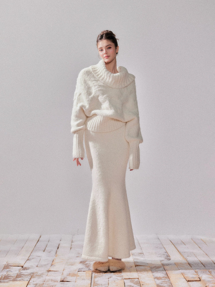 Oversized Turtleneck Off-Shoulder Sweater & Skirt Set