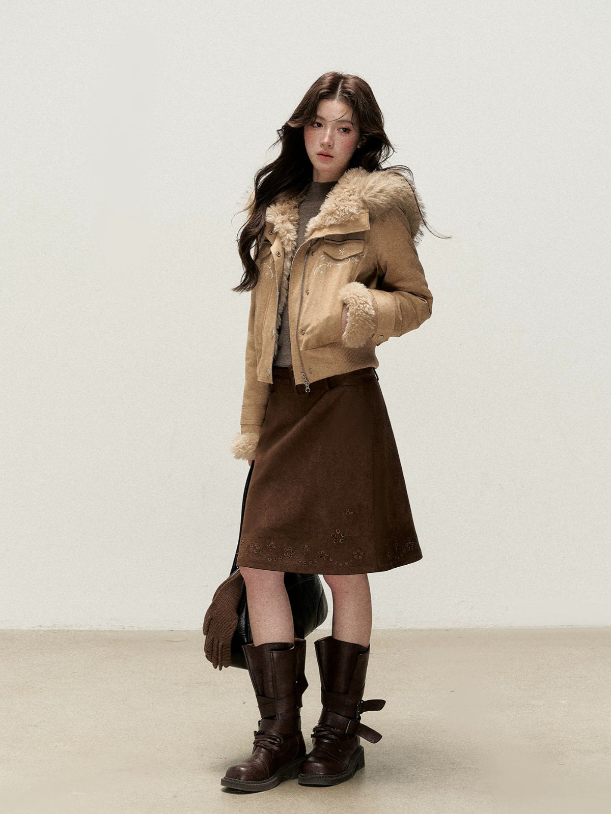 Embroidered Faux Suede Hooded Jacket