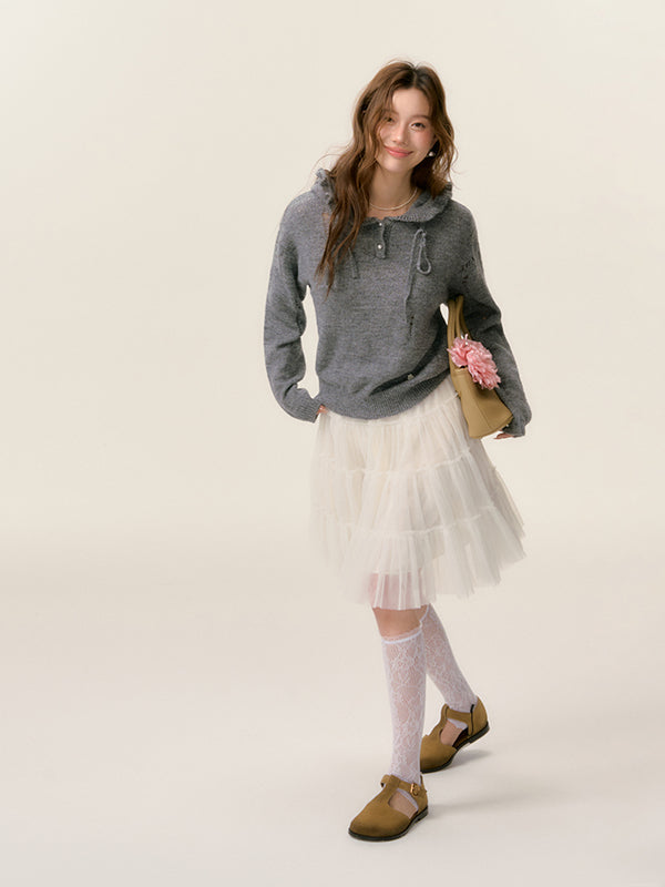 Ruffle‑Trim Hooded Pullover Sweater