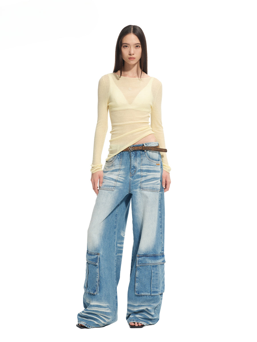 Washed Twill Denim Whisker Wide-leg Jeans