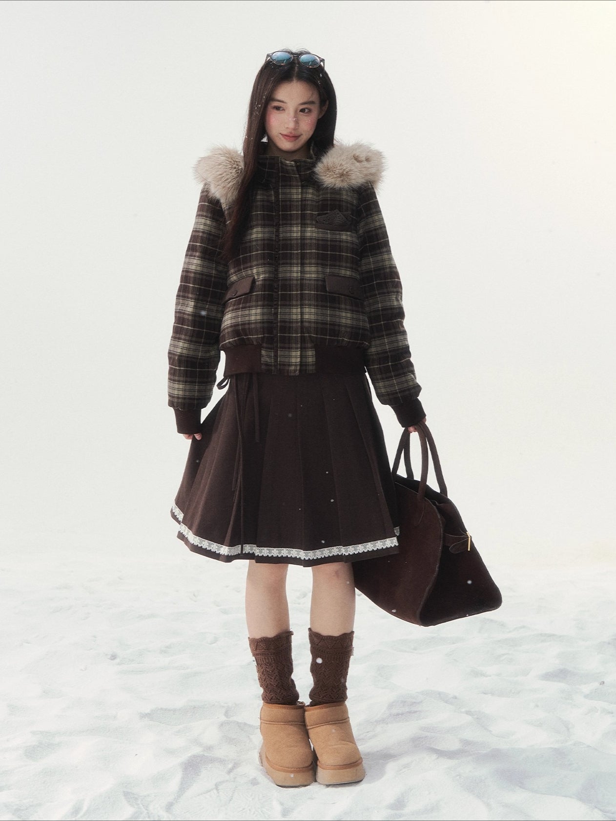 Plaid Floral Faux-Fur Down Jacket