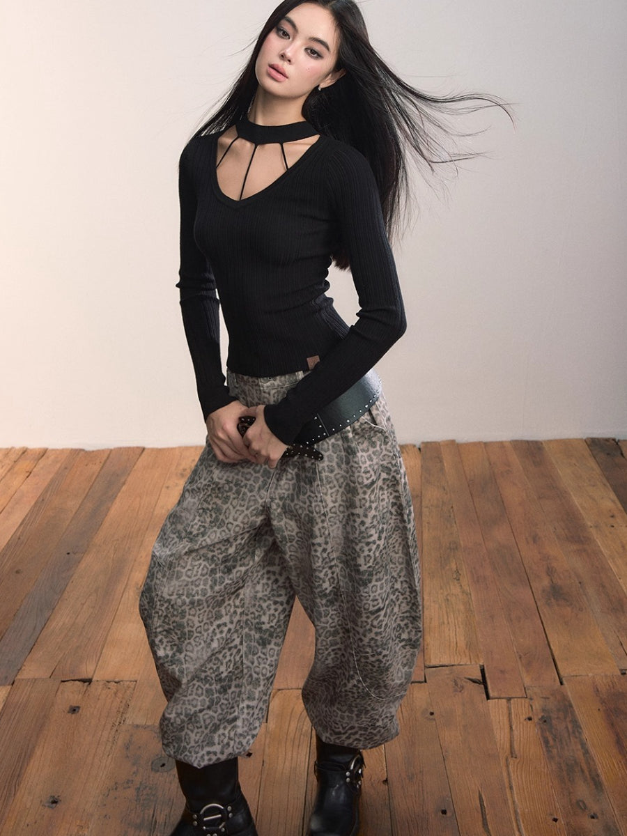 Leopard Print Scythe Wide-Leg Casual Jeans