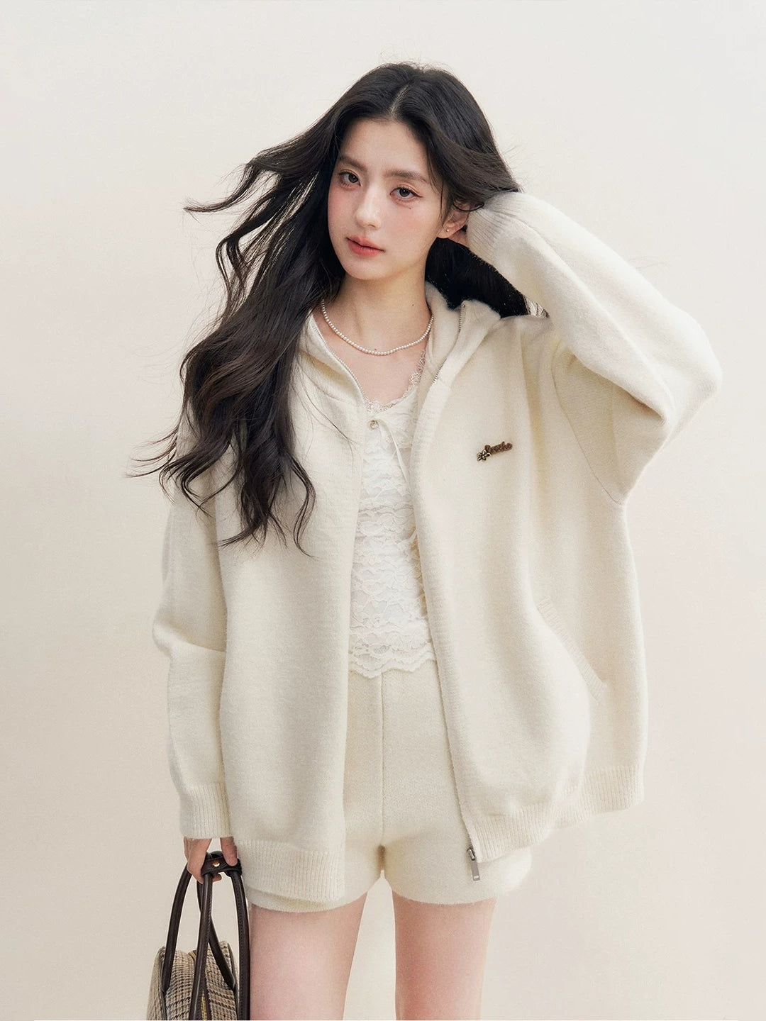 Beige Hoodie Knit Three-Piece Set