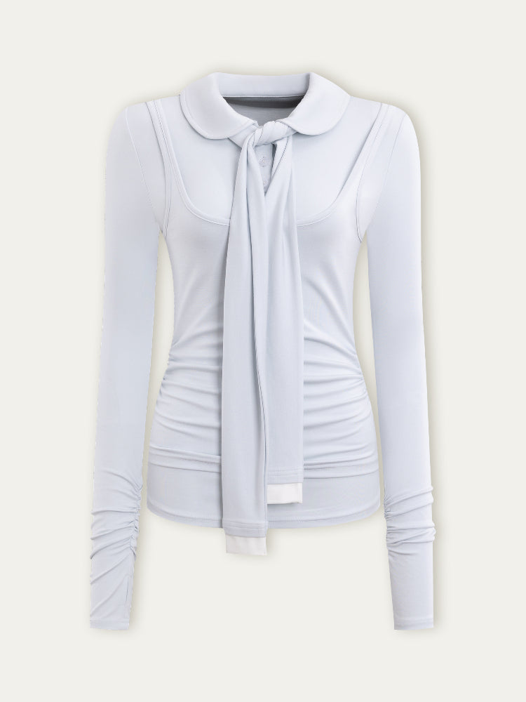 White & Blue Collared Knit Top & Skirt Set