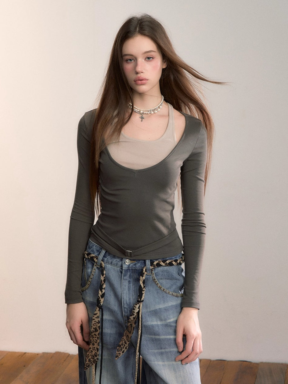 Contrast Belt Knit Top