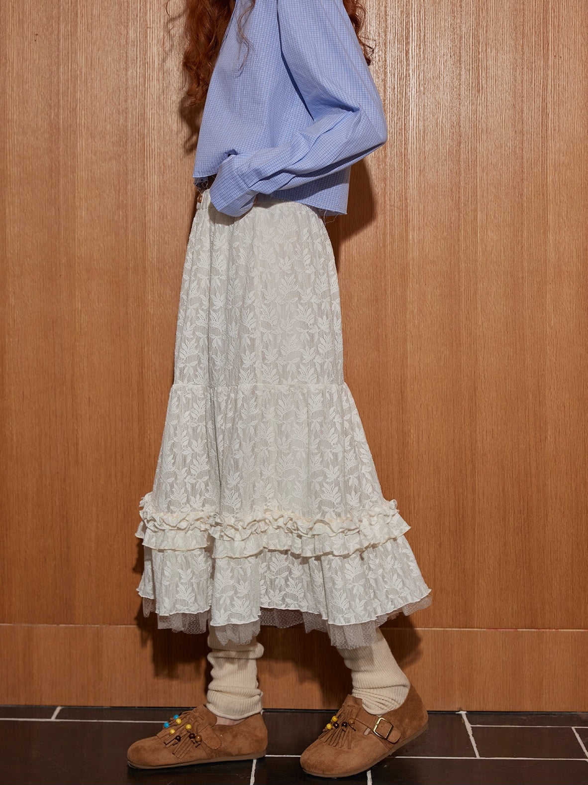 Jacquard Ruffle Layered Midi Skirt
