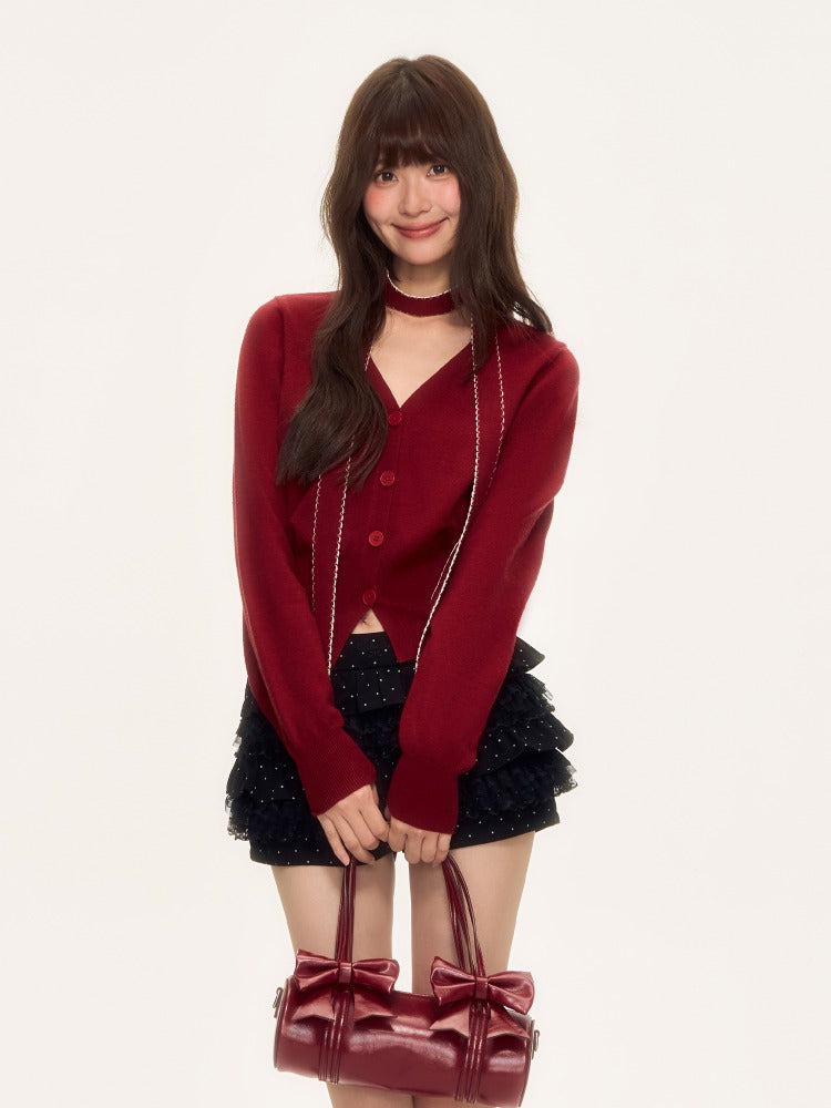 Vintage Red V-neck Knit Cardigan