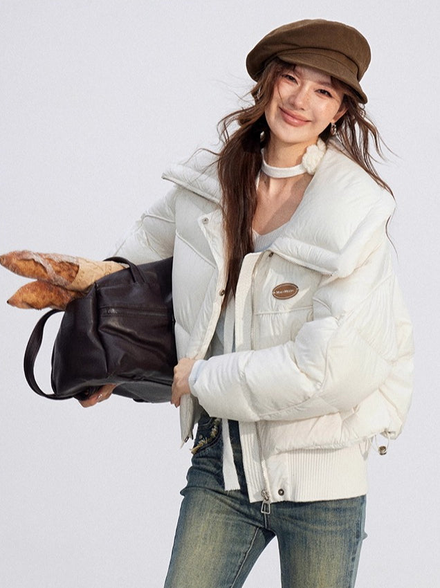 Large Lapel Knit-Panel Down Jacket