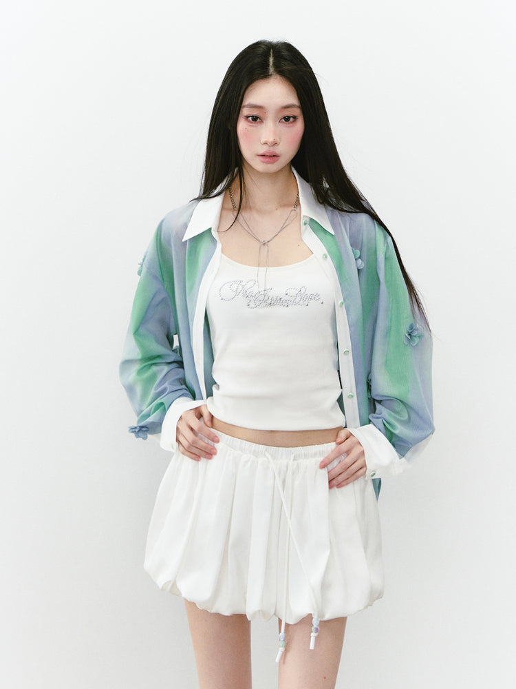 White Satin Tie-up Puff Skirt