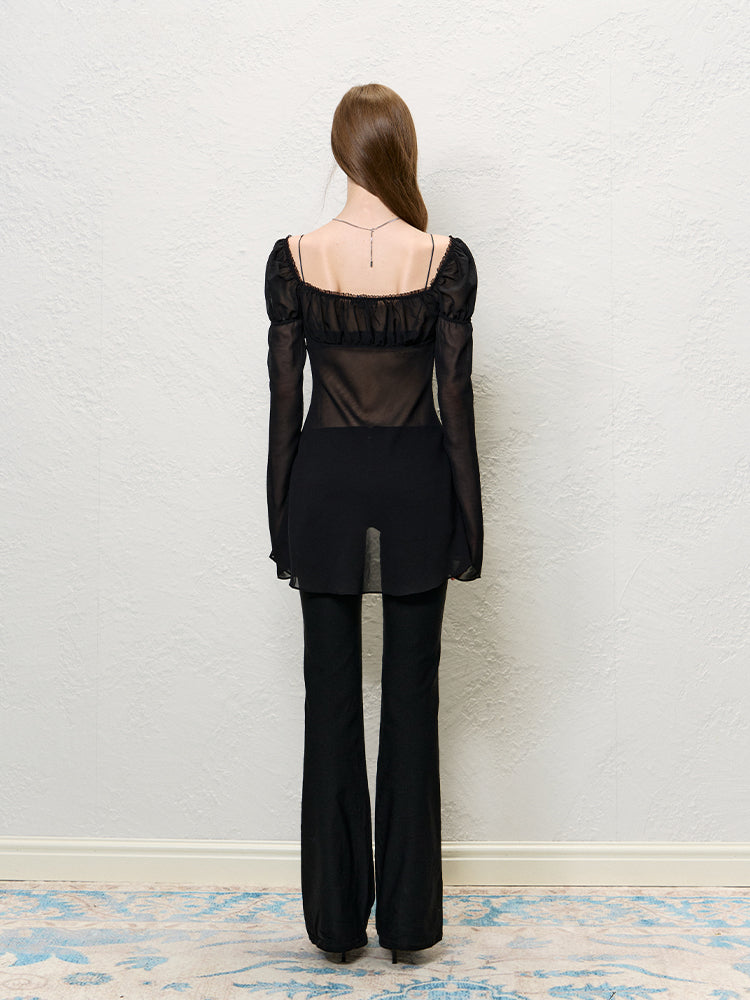 White & Black Ruffle Chiffon Sun Blouse Set