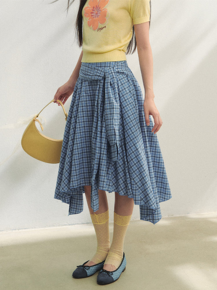 Blue Checkered Irregular Tie-Waist Skirt