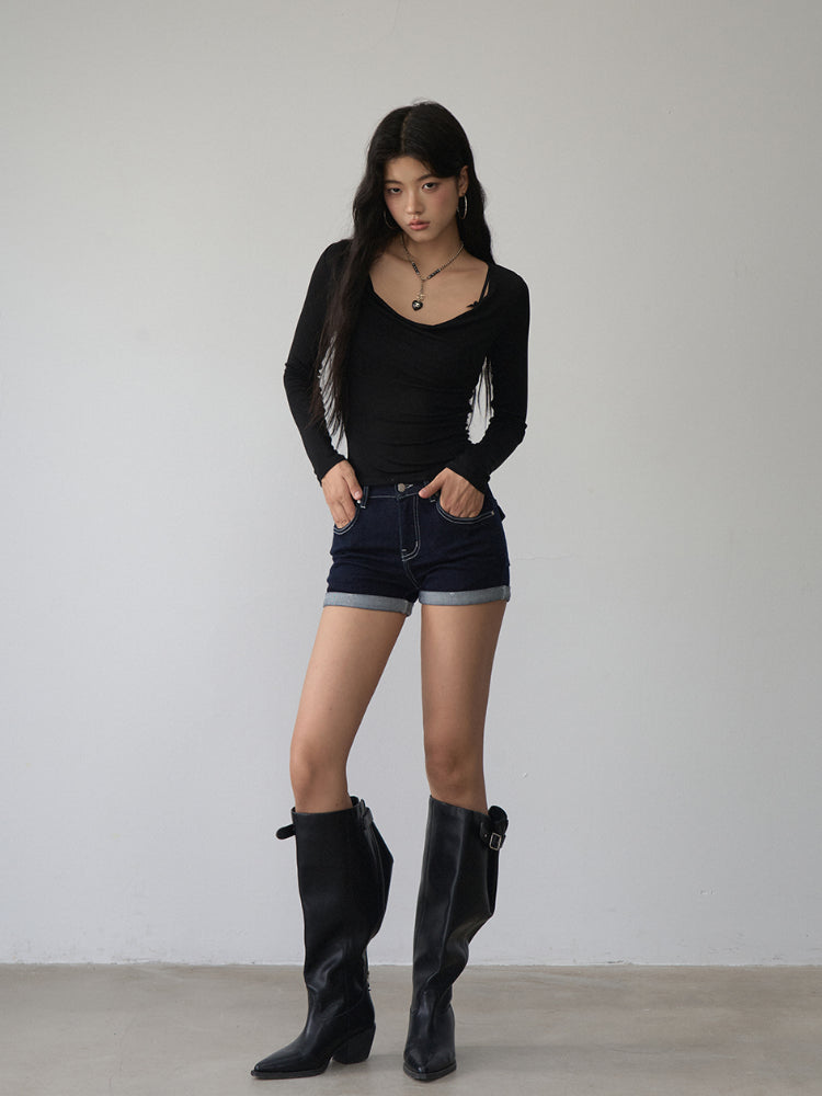 Reversible Off-shoulder Slim Long-sleeve T-shirt