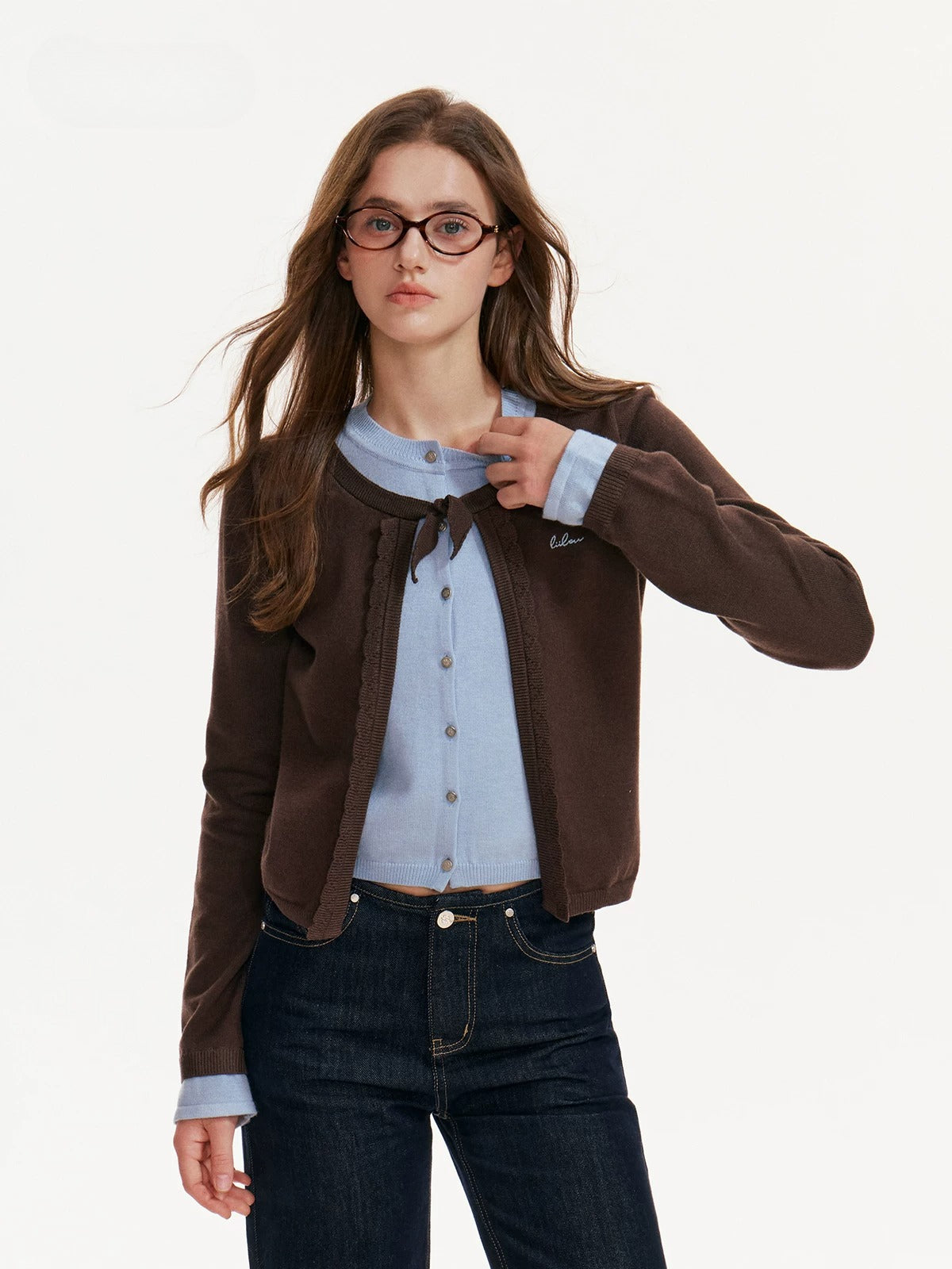 Contrast Layered Bow Knit Cardigan
