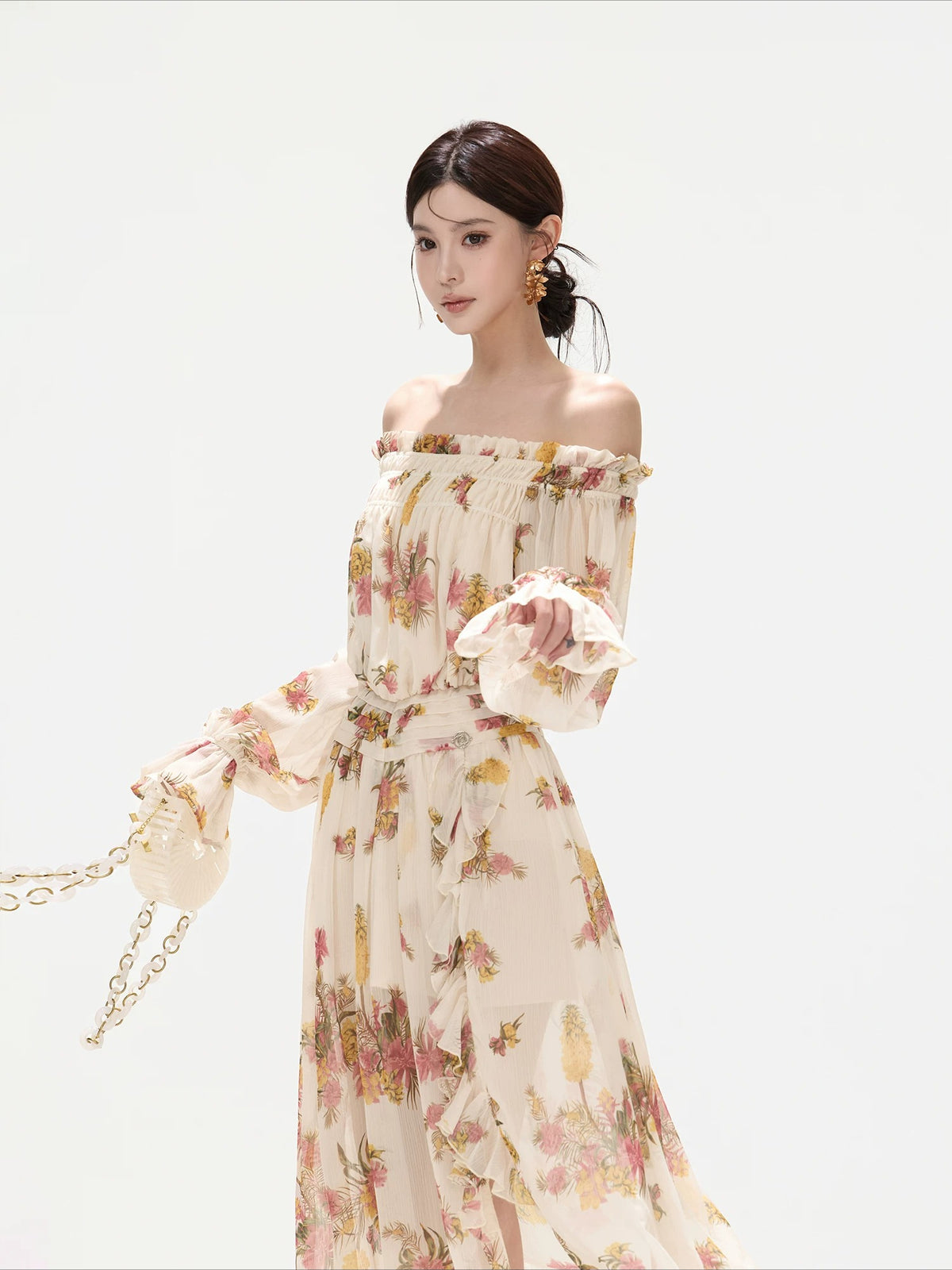 Floral Print Off Shoulder Chiffon Dress